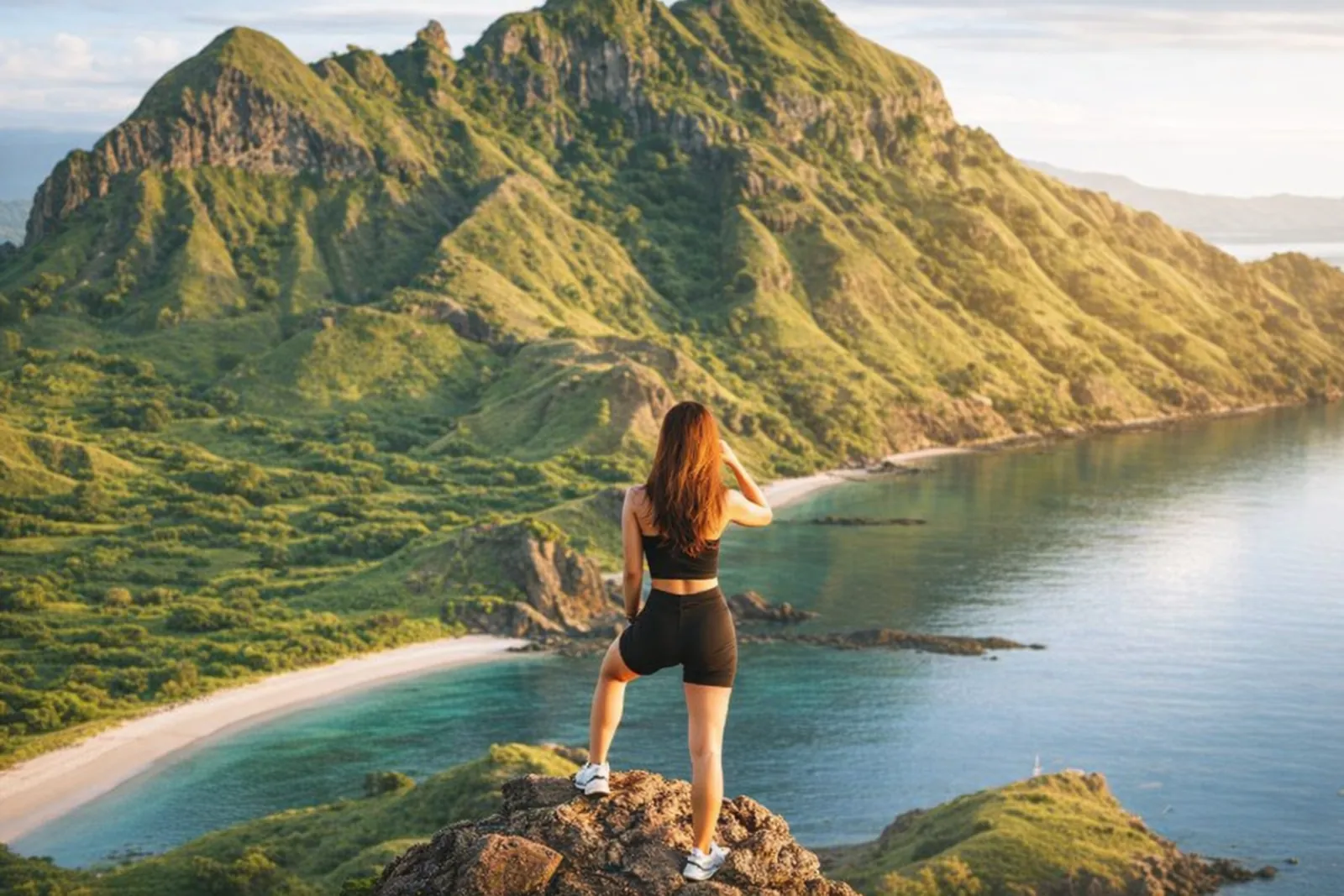 Traveller on the Padar Island ridge above the green ridgelines and bays