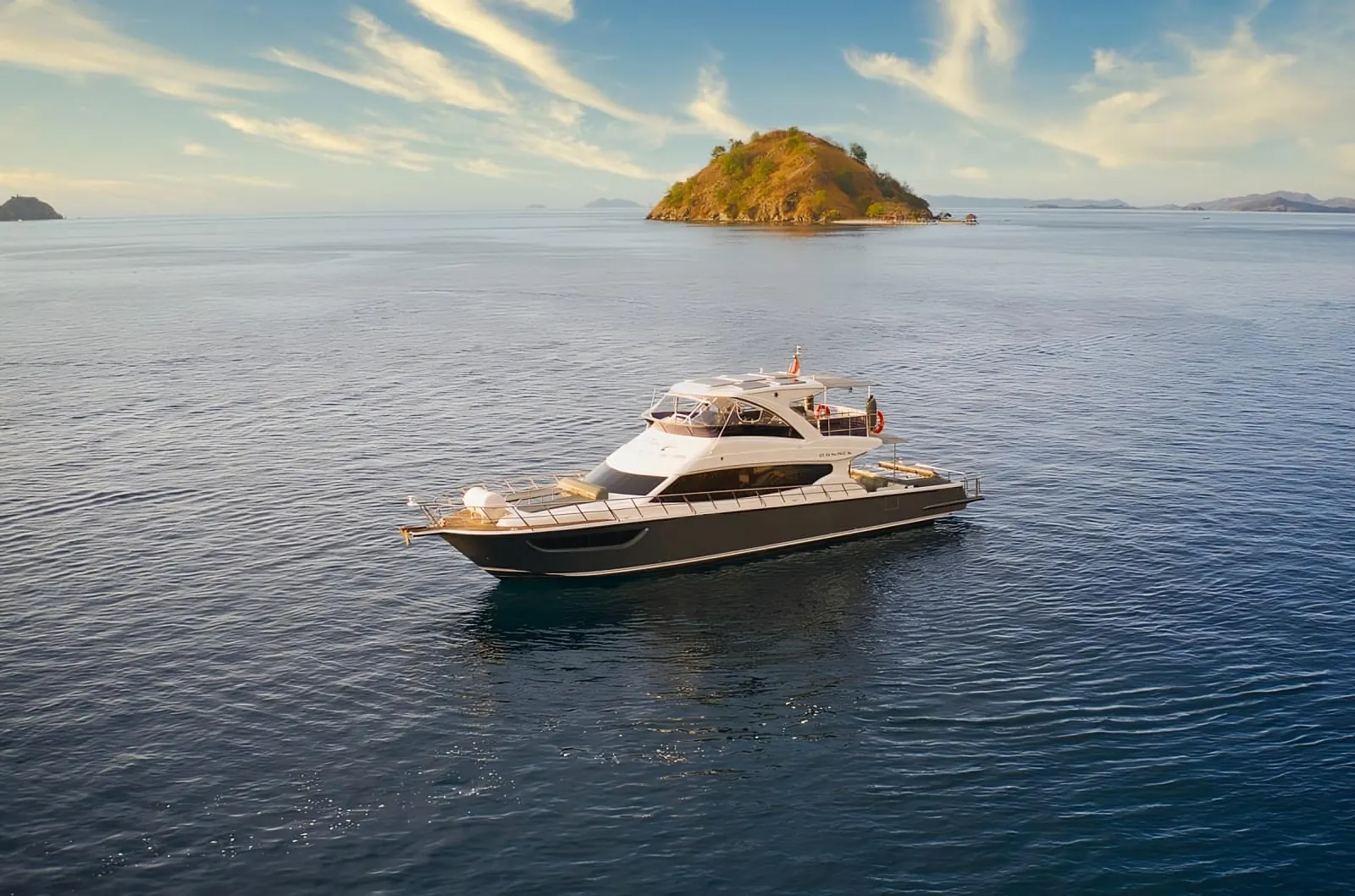 Fast boat crossing open water toward Komodo National Park from Labuan Bajo